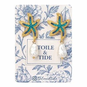 Toile & Tide Starfish Pearl Drop Earrings Gold Blue Crystal Coastal Statement